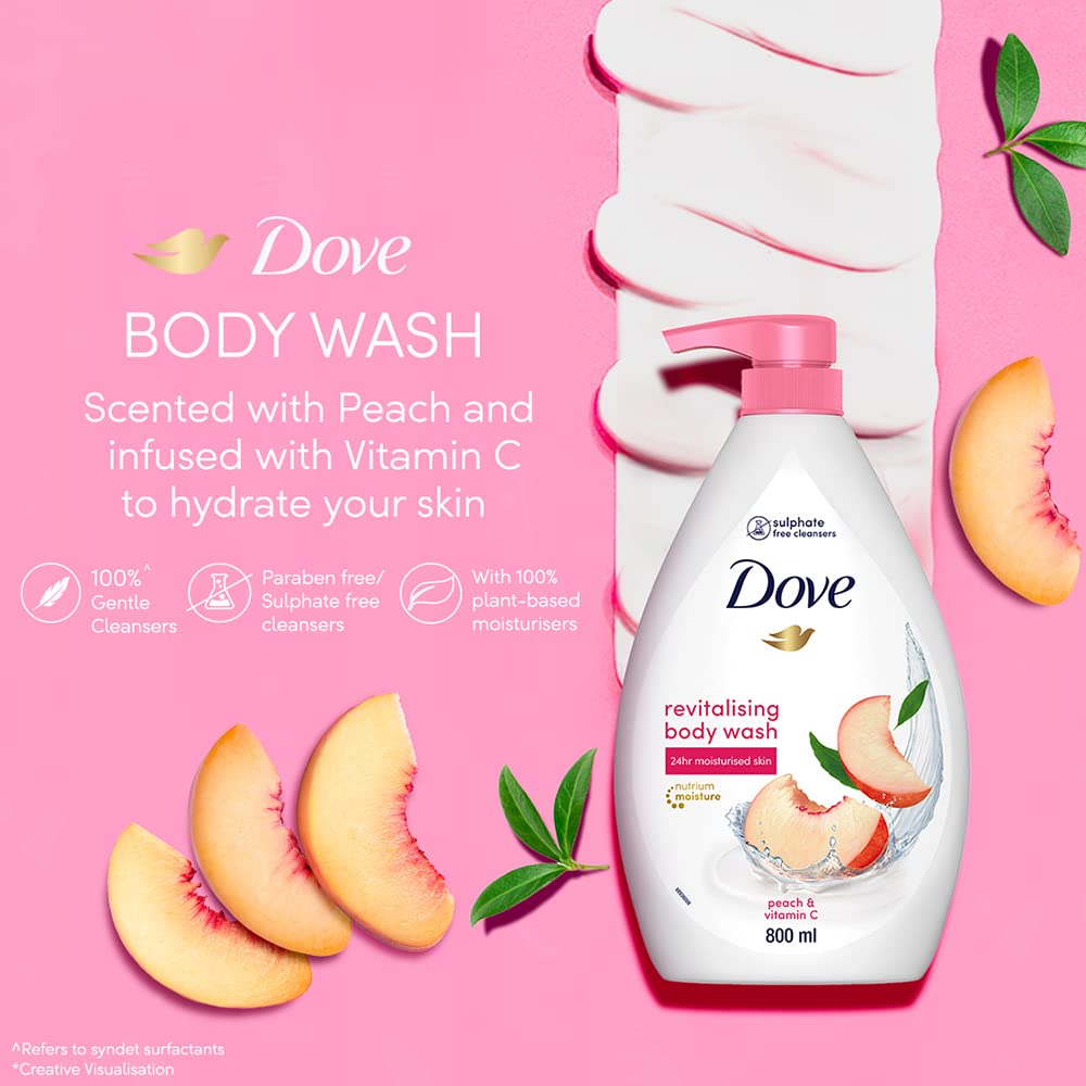 Dove Revitalizing Bodywash scented with peach and infused with Vtamin C to hydrate your skin, 100% gentle cleansers, paraben free/sulphate free cleansers, 100% plant- based moisturisers, 800ml