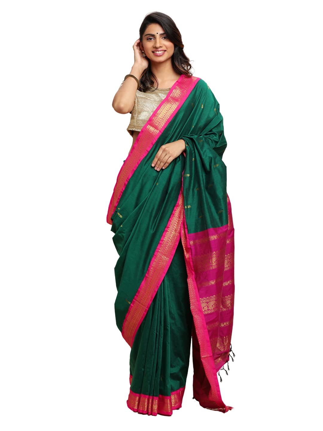 manvish drapes Gadwal Silk Cotton saree with Buttas and Peacock Border Saree with Contrast Blouse Piece (GREEN-RANI)