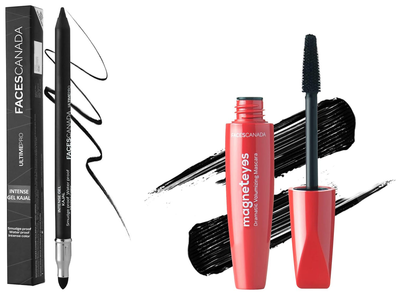 Faces Canada Ultime Pro Intense Gel Kajal 1.2 g With Free Sharpener (Black) & Faces Canada Magneteyes Dramatic Volumizing Mascara Black 9.5 ml (Black)
