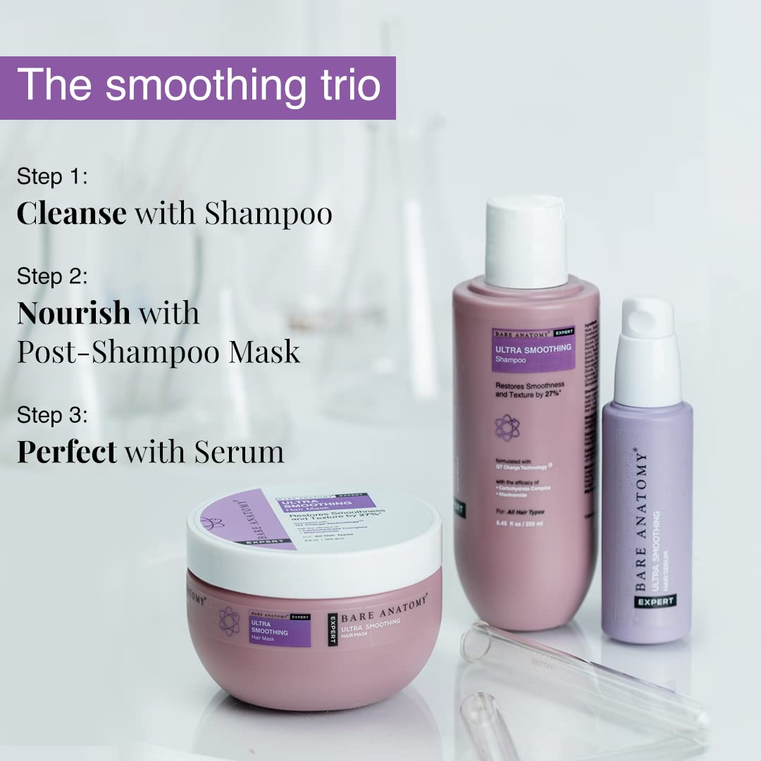 Bare Anatomy Ultra Smoothing Shampoo + Hair Mask + Serum Kit | Carbohydrate Complex & Niacinamide | Dry & Frizzy Hair | Paraben & Sulphate Free | Women & Men | 250ml + 250g + 50ml