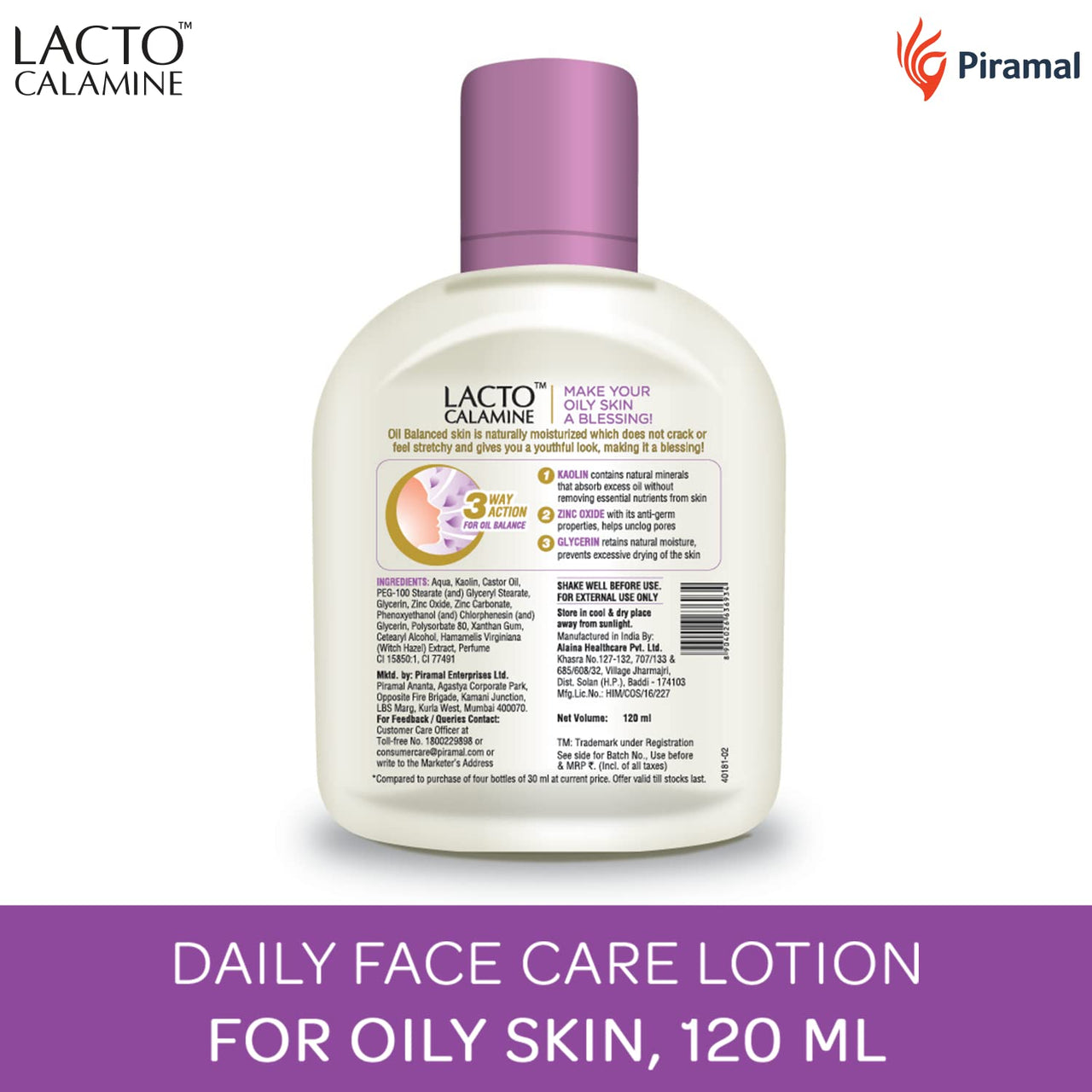 Lacto Calamine Face Lotion for Oil Balance - Oily Skin - 120 ml & Lacto Calamine Oil Control Face Wipes with Neem, Vitamin B3 and Aloe Vera, No Parabens, Alcohol Free, White, 60 Count, Pack of 2