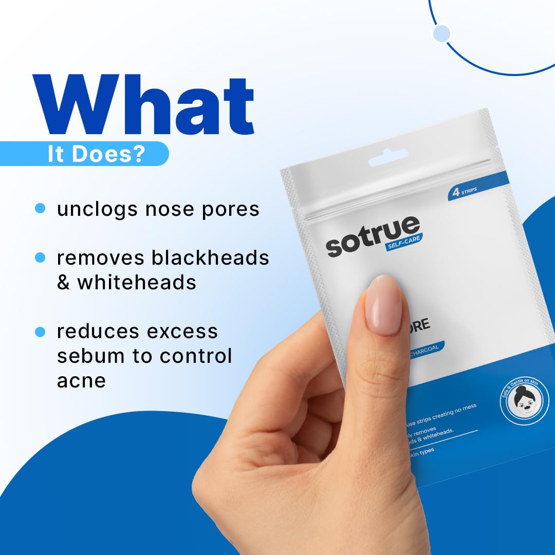 Sotrue Charcoal Nose Pore Deep Cleansing Strips | For Blackheads and Whiteheads Removal | Aloe vera Extract, Activated Charcoal | Pack of 4 Nose Strips