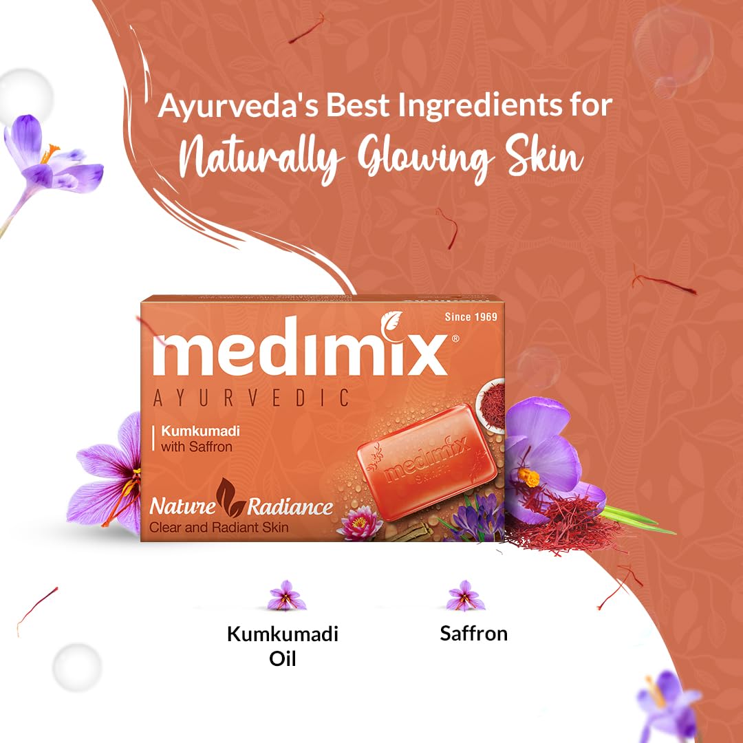 Medimix Ayurvedic Kumkumadi Bathing Soap Bar With Saffron|Kesar|For Moisturising & Radiant Glow|Herbal|Natural|Paraben-Free & Sulphate-Free|100% Vegan|125Gm(Buy 4 & Get 1 Extra Combo Pack)