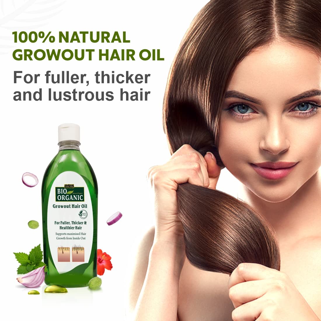 INDUS VALLEY Bio Organic Growout Hair Oil for Hair Growth 100% Organic and vegan that combats dandruff, flaky scalp, frizz and split ends -500ml
