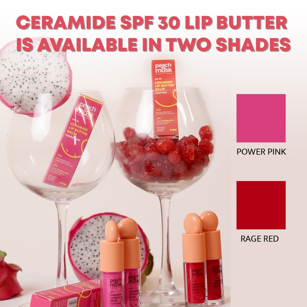 Peach and Musk SPF 30 Ceramide Lip Butter Balm, for Dry Lips with Tripeptide & Squalane, 3D Pillow Effect, Brightens & Hydrates Lips, Tinted Lip Balm - Rage Red (5ml)