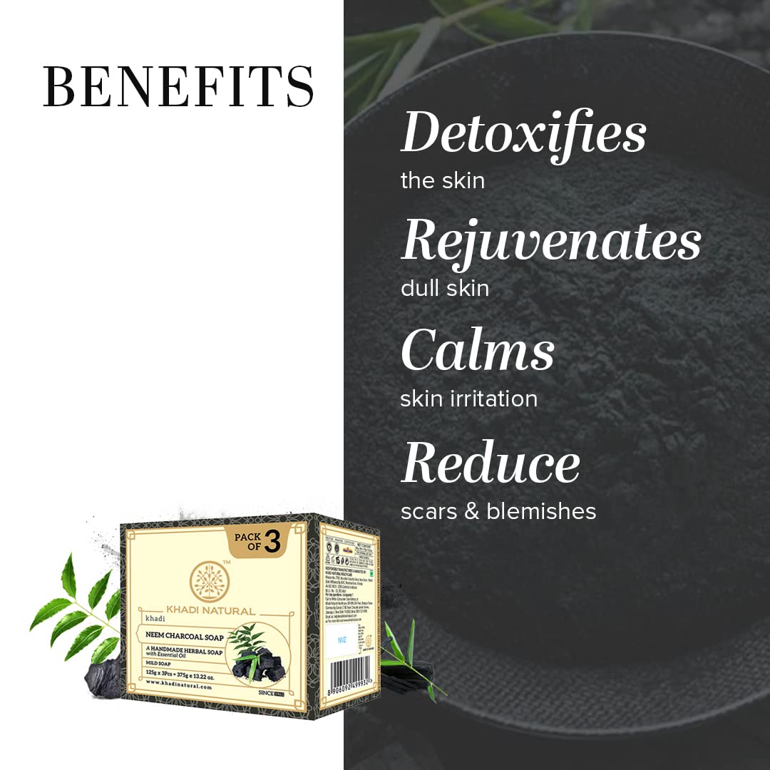 Khadi Natural Herbal Neem Charcoal Soap | Herbal Soap for Removing Impurities | Skin Detoxifying Bathing Soap | Suitable for All Skin Types | (125gm *3) (375gm)