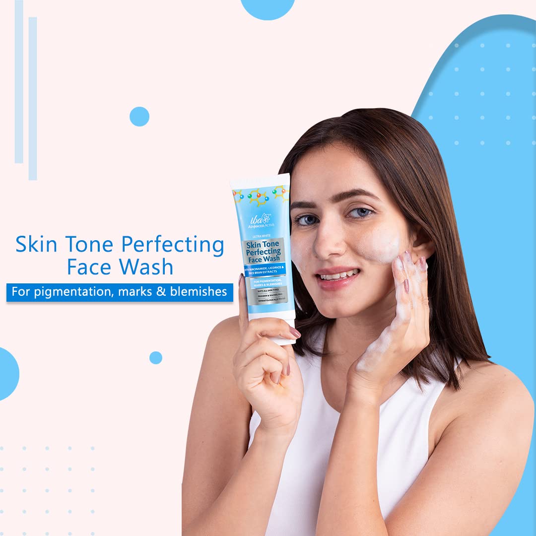 Iba Advanced Activs Ultra White Skin Tone Perfecting Face Wash | No Parabens & Sulfates | High Foam | For Lighter, Even Tone Skin | Halal Certified & Vegan - 100 ml