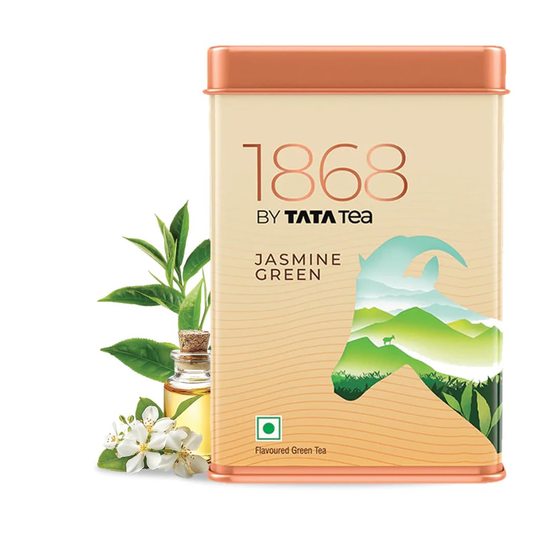 1868 by Tata Tea, Jasmine Green, Munnar Green Tea with Jasmine Oil, Handpicked Whole Leaf, Light, Aromatic, Sweet, From House of TATA (25 cups/50g)
