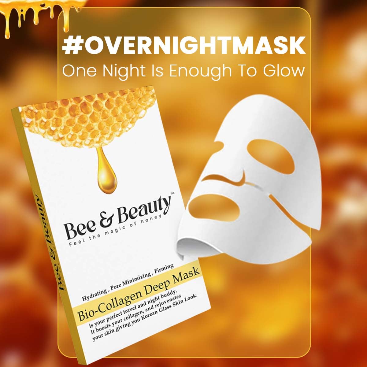 Bee & Beauty Bio Collagen Overnight Mask Pack of 1 | Korean Face Mask For Glass Skin | Sheet Mask For Deep Hydration, Pore minizmizing With Goodness Of Honey