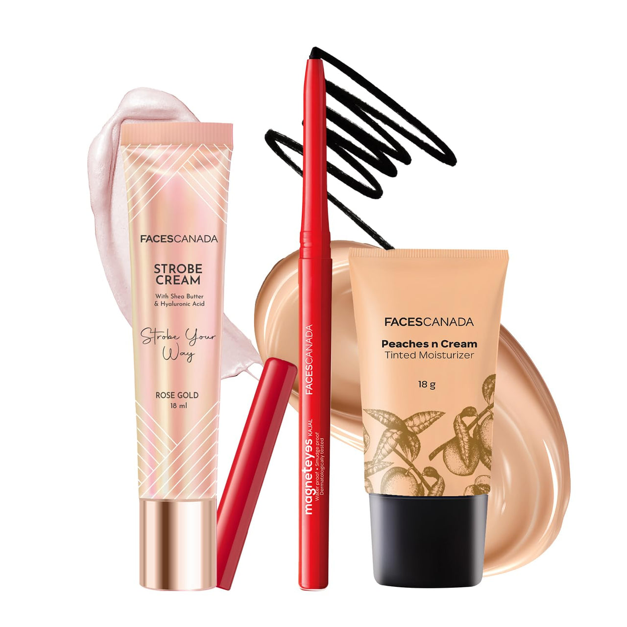 FACES CANADA Eyes & Shine Combo - Strobe Cream - Rose Gold (18 ml) + Magneteyes Kajal - Black (0.35 gm) + Tinted Moisturizer - Light 01 (18 gm) | Illuminating & Glowing Makeup Base | Lightly Tinted BB Cream | Waterproof & Smudgeproof