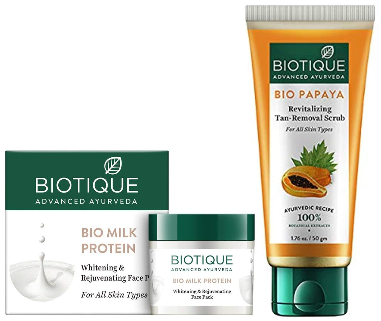 Biotique Bio Papaya Revitalizing Tan Removal Scrub, 50g And Biotique Bio Milk Protein Whitening & Rejuvenating Face Pack For All Skin Types, 50G