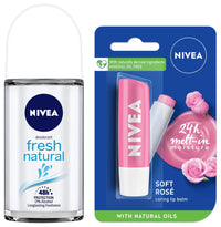 NIVEA Lip Balm, Soft Rose, 4.8g And NIVEA Deodorant Roll On, Fresh Natural, 50ml
