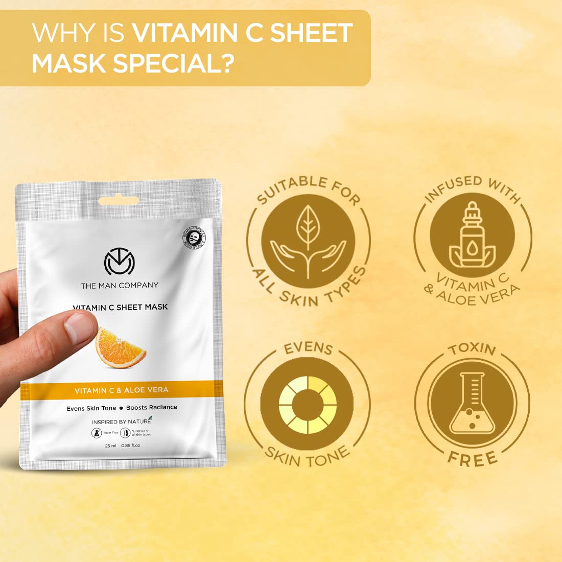 The Man Company Vitamin C Sheet Mask with Hyaluronic Acid & Lemon | Boosts Collagen, Brightening | Improves Skin Tone, Deep Cleanses & Removes Excess Oil - 25ml