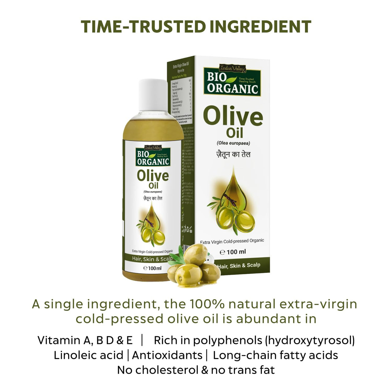 Indus Valley Bio Organic Pure Extra Virgin Olive 100% Organic and Cold-press, Massage Oil for Skin & Hair Care - (100ml)