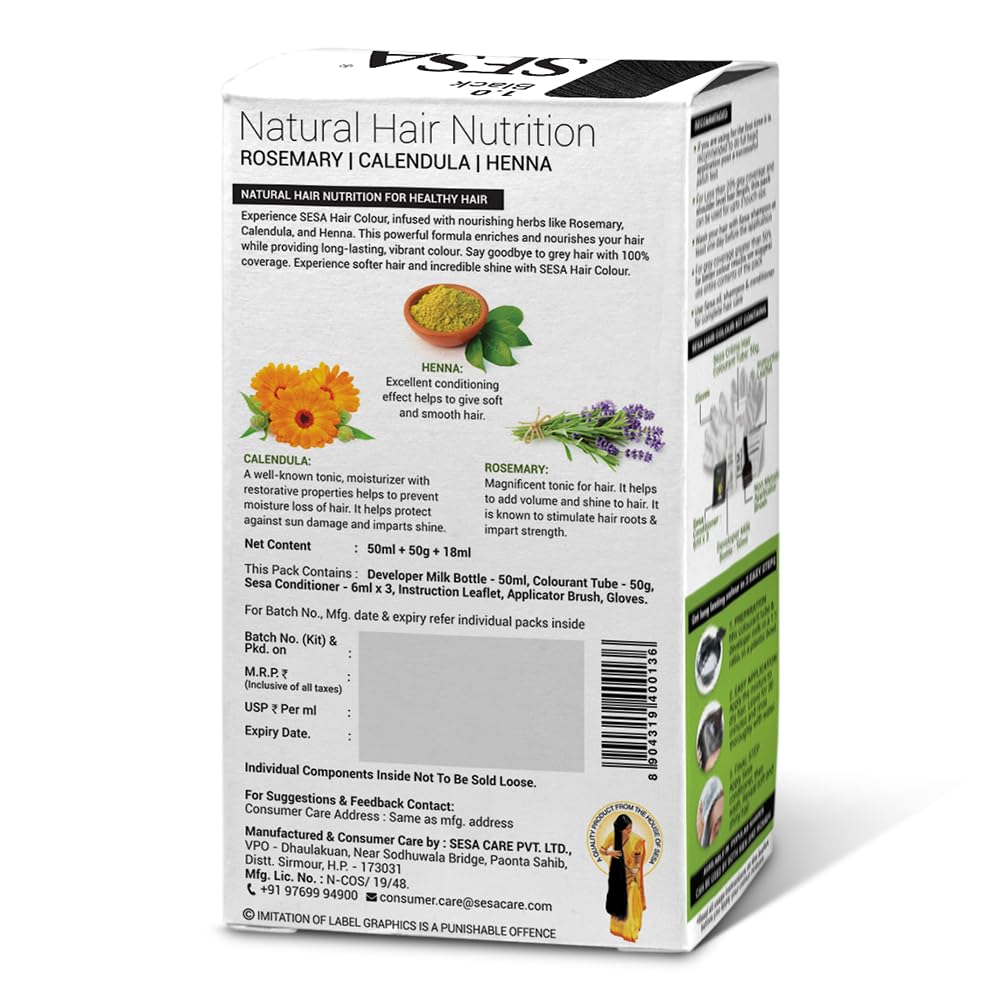 SESA Natural Black Hair Colour For Women and Men Long Lasting Natural Shiny Smooth Hair with Rosemary, Calendula and Heena, 100% Grey Coverage - (Natural Black 1.0)