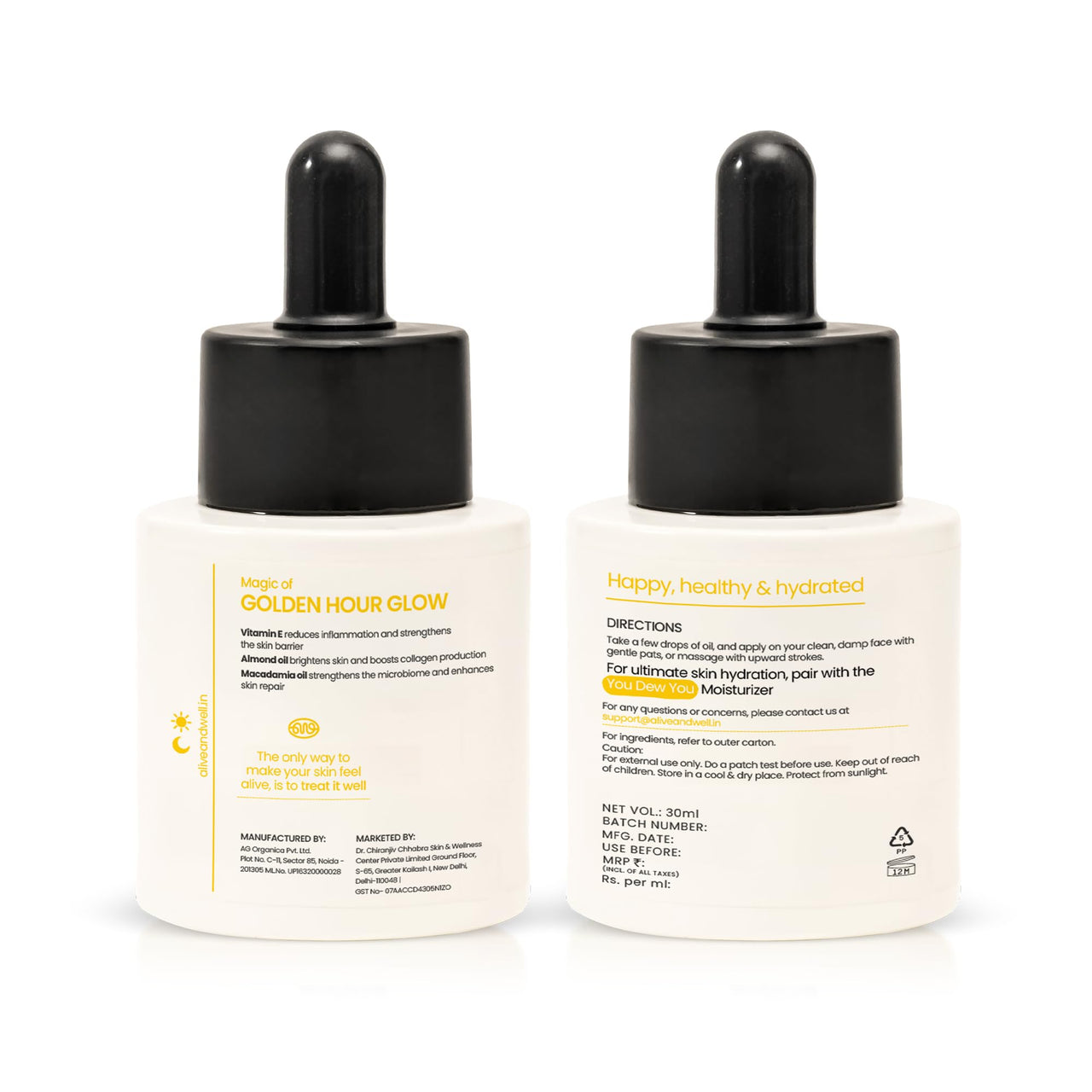 Alive & Well 24K Golden Hour Glow Facial Oil, with 24K Gold Flakes, Crafted By Dermatologists for Glowing Skin and Radiance, Boosts Collagen, Reduces Wrinkles and Fine Lines, for Men & Women - 30ml