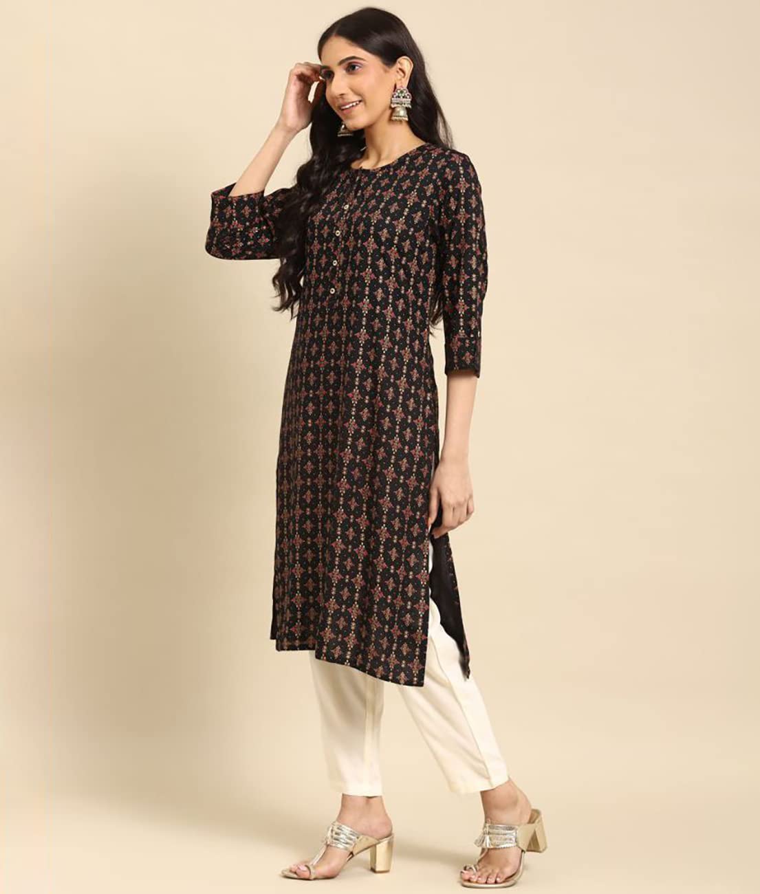 rangita Women Rayon Gold Printed Calf Length Straight Kurti