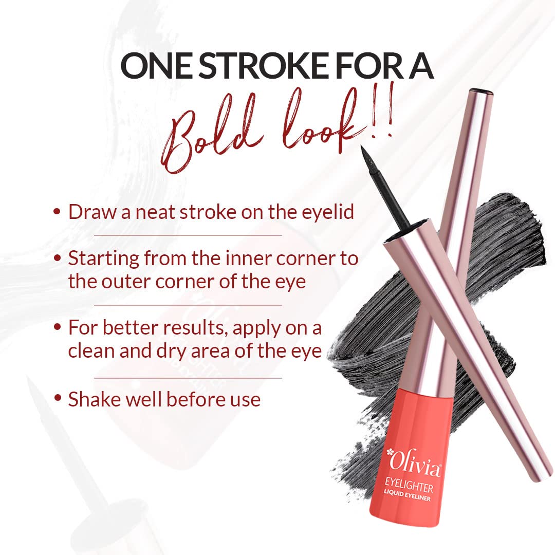 Olivia Intense Liquid Eyeliner - Black | Waterproof, Smudge-Proof, Long-Lasting Eyeliner for Women | Glossy Finish, Quick-Dry Formula, Precise Fine Tip | Eye Liner Makeup for Bold, Defined Eyes - 3ml