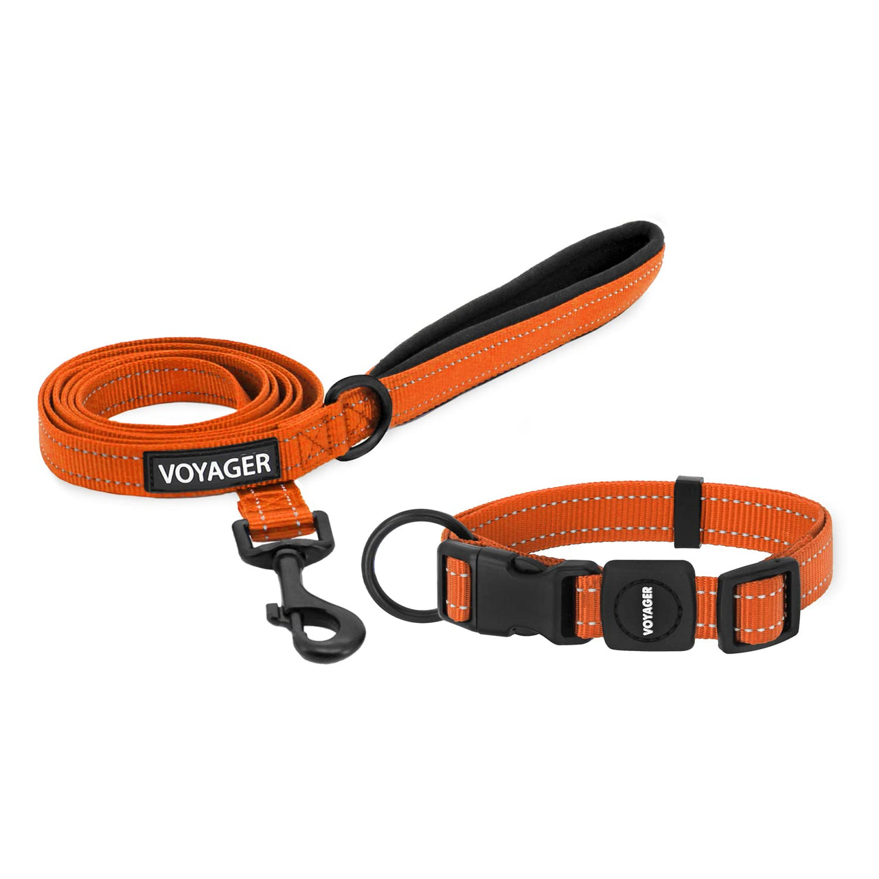 Voyager Reflective Dog Leash Collar Set with Neoprene Handle Supports Small, Medium, and Large Breed Puppies, Cute and Heavy Duty for Walking, Running, and Training - Orange, S