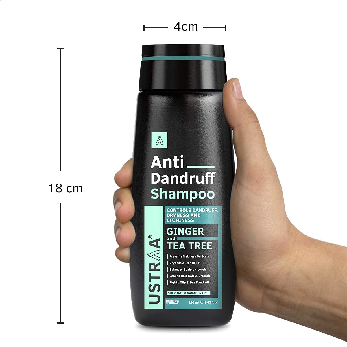 Ustraa Anti-Dandruff Shampoo 250ml - With Climbazole, Ginger & Tea Tree Oil, Controls Dandruff, No Sulphates, No Parabens, No Silicone, No Mineral Oil