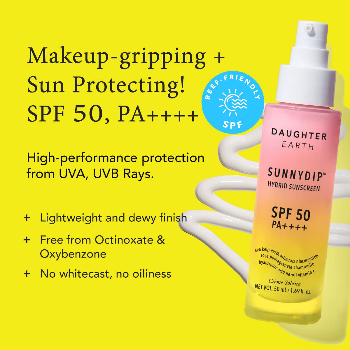 DAUGHTER EARTH Sunnydip Hybrid Sunscreen SPF 50 PA++++ | No White Cast, Hydrating Broad Spectrum, Very High Protection With Vitamin C & Sea Kelp | Lightweight, Non-Greasy For All Skin Types - 50ml