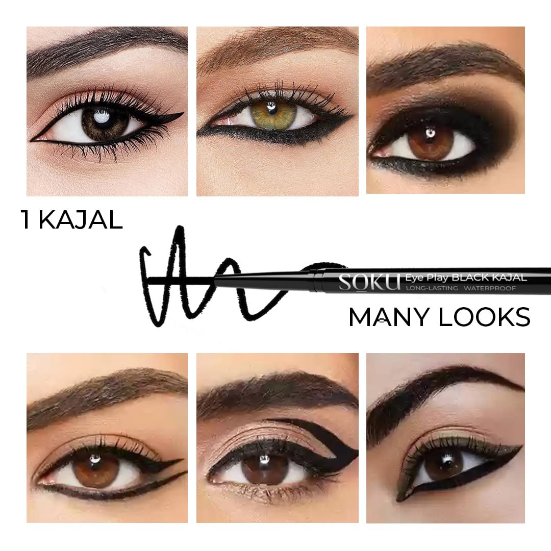SOKU Eye Play Matte Finish Black Kajal Stick | Enriched with Vitamin A & Castor Oil | Smudge Proof & Waterproof | One Stroke Smooth Glide | Long Lasting & Weightless Formula - 0.3 g