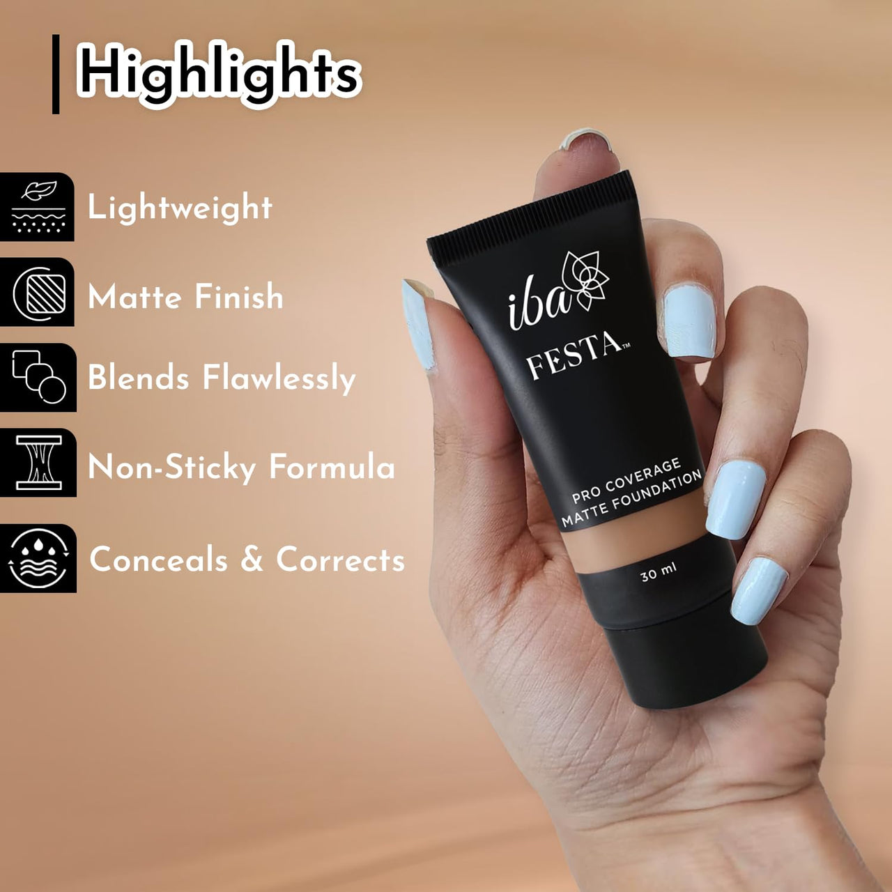 Iba Festa PRO Coverage Matte Foundation - 04 Caramel Beige, 30ml | Long Lasting | Lightweight | Oil Free & Matte Finish | 100% Natural Vegan & Cruelty-Free