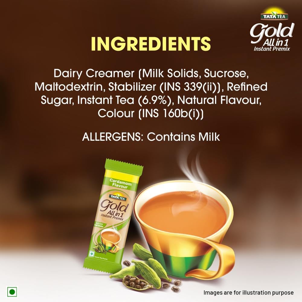 Tata Tea Gold All-in-1 Instant Premix Cardamom Tea, 14g Per Serve, Quick & Easy To Make Cardamom Tea, 10 Sachets