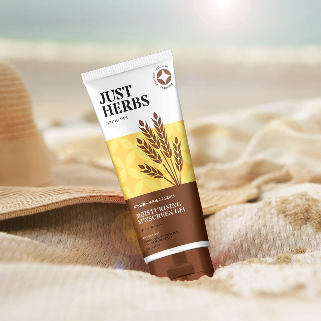 Just Herbs Body Lotion For Dry Normal & Combination Skin Nourishing Body Milk With Coconut + Almond - 300ml & Just Herbs SPF 35+ Nosun Sunscreen Gel, Lightweight, Broad Spectrum PA 35++++- 50ml Combo