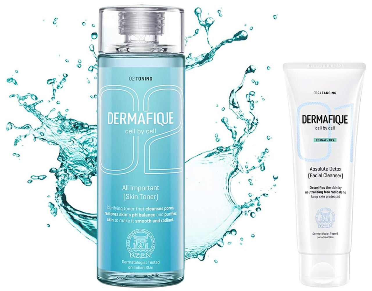 Dermafique All Important Skin Toner, Aqua Marine, 150ml And Dermafique Absolute Detox Facial Cleanser for Normal To Dry Skin, Dermatologist Tested, Soap Free (100 ml)