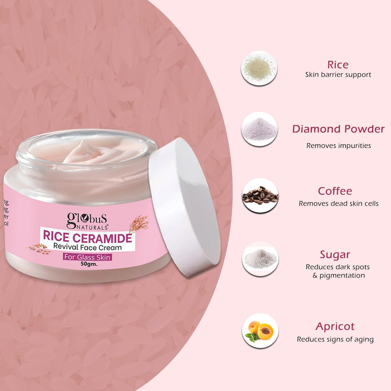 Globus Natural Rice Ceramide Revival Face Cream, Enriched with Sunflower & Coffee, For Glass Skin, 50 gm (Pack of 3)