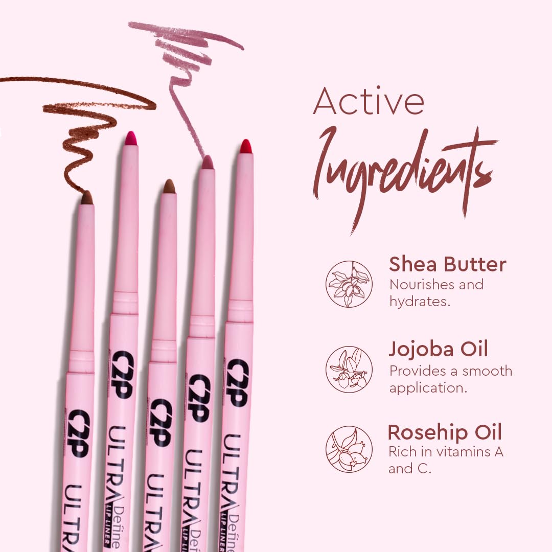 C2P Pro Ultra Define Lip Liner, One Swipe Smooth Application, Matte Finish, Long Lasting, Waterproof & Smudge Proof, Enriched with Jojoba Oil & Shea Butter, 0.27g (Caramel 01-Nude Brown)