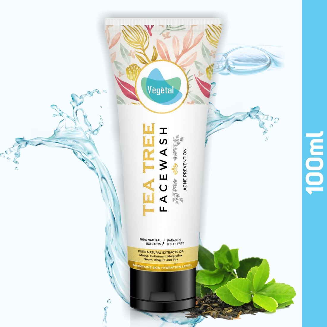 Vegetal Tea Tree Face Wash- Made of 100% natural extracts of Green Tea, Neem, Manjistha, & Khajoor- Anti Acne, Oil control, Free of Parabens, SLES & Harmful Chemicals