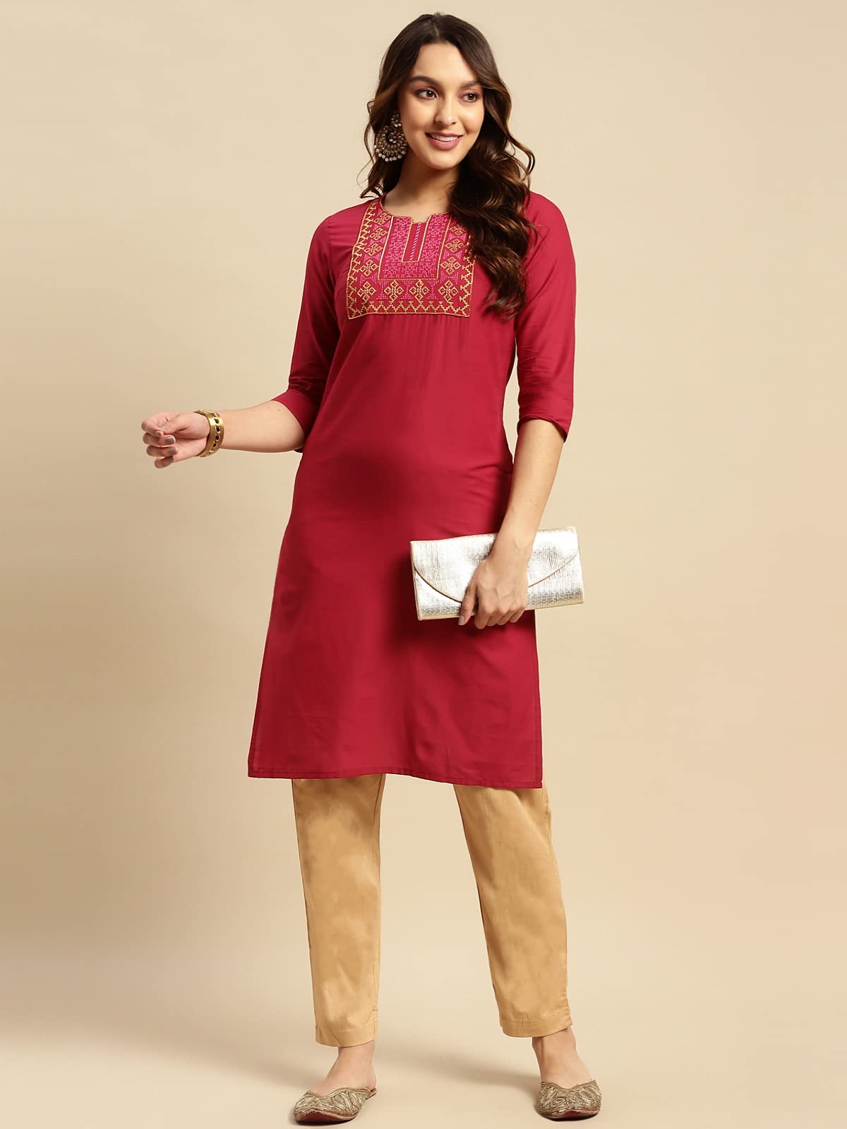 rangita Women 100% Cotton Yoke Zari Embroidered Knee Length Straight Kurti