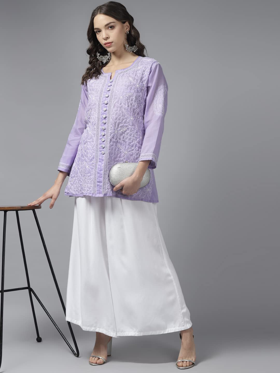 Ada Women's  Hand Embroidered Lucknowi Chikankari Cotton Straight Short Top Kurti A178625