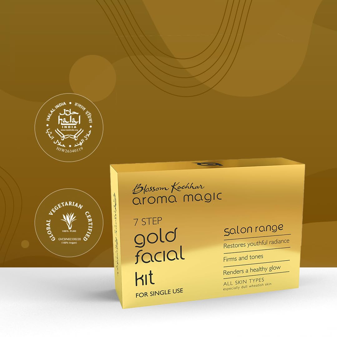 Aroma Magic 7 step Gold Facial Kit | Firms, Tones & Renders a healthy glowing skin| with Marigold & Rose Extracts| All Skin type| Single Use| Pack of 1 (20g + 18ml)
