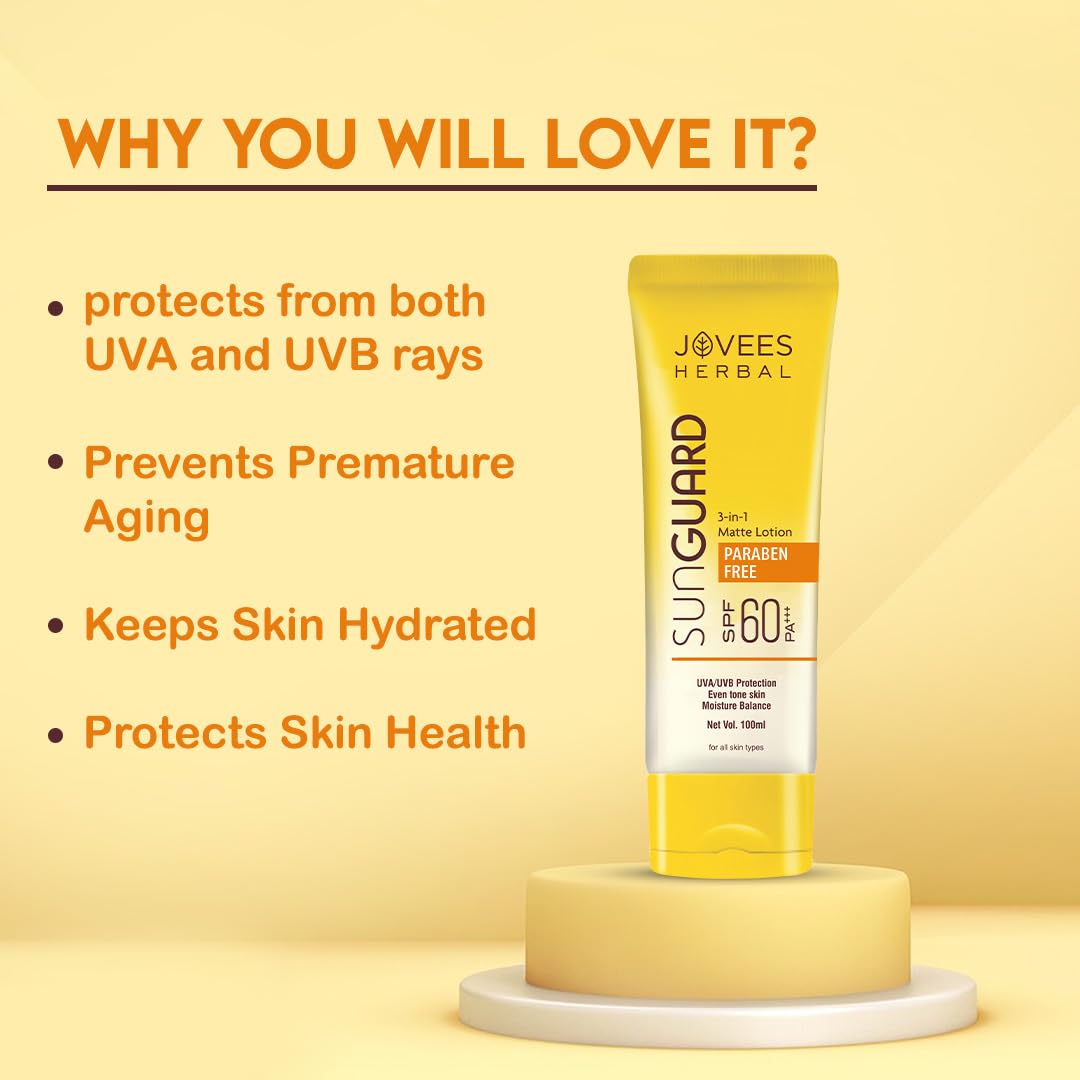 Jovees Herbal Sun Guard Lotion SPF 60 Pa+++ Broad Spectrum For All Skin | 3 in 1 Matte Lotion UVA/UVB Protection, Moisture Balance, Even Tone Skin For Women/Men 100ml
