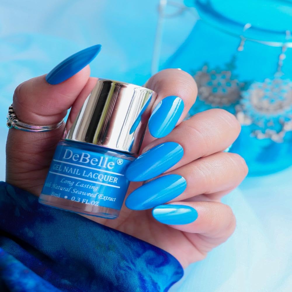 DeBelle Gel Nail Polish La Azure (Blue Nail Paint)|Non UV - Gel Finish |Chip Resistant | Seaweed Enriched Formula| Long Lasting|Cruelty and Toxic Free| 8ml