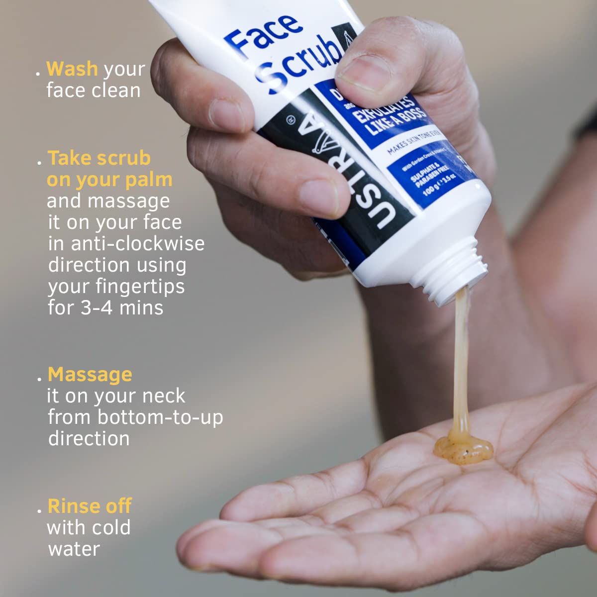 Ustraa Face Scrub -100g - De-Tan Face scrub for men | Exfoliation & Effective Tan Removal with Bigger Walnut Granules, No Sulphate, No Paraben, Made in India