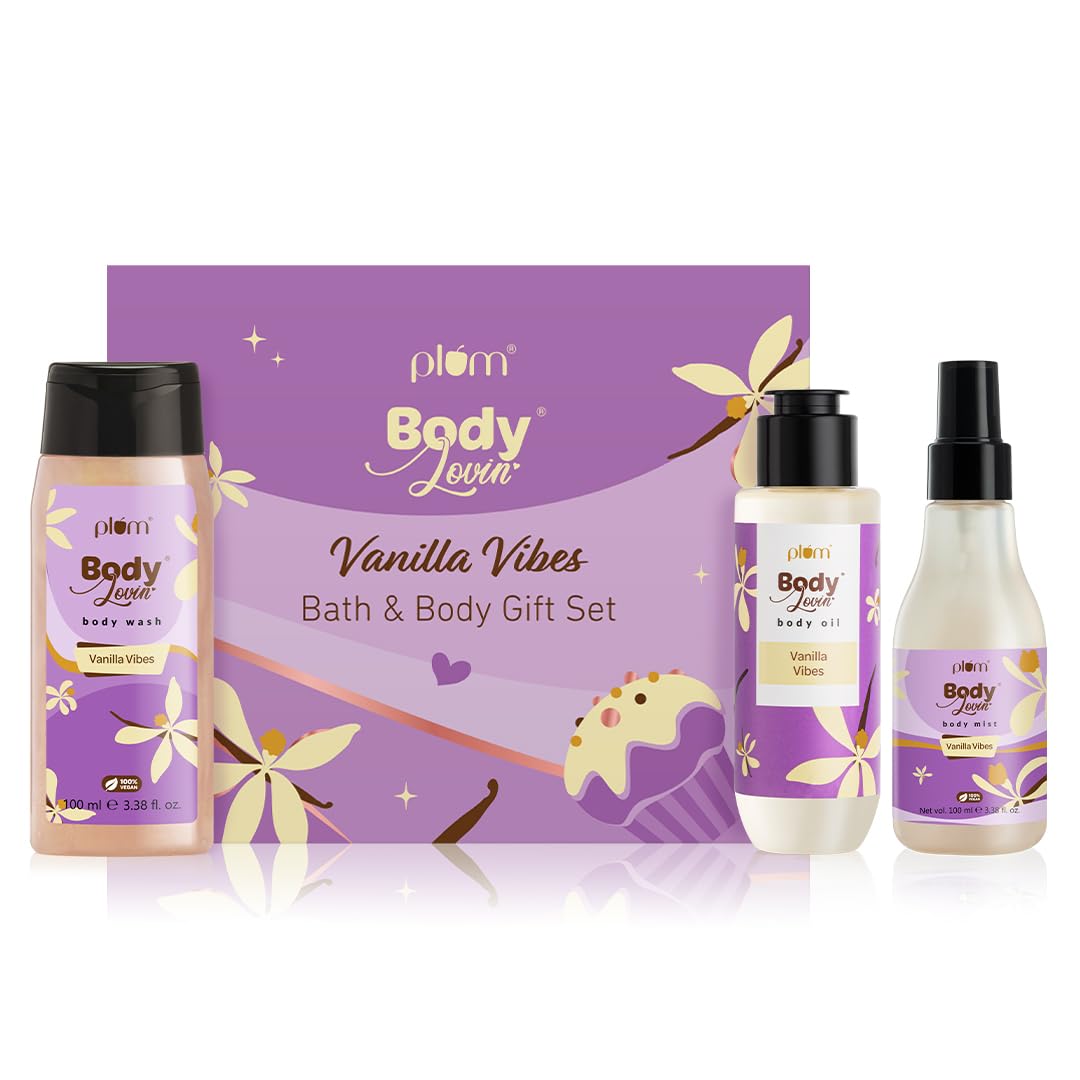 Plum BodyLovin' Vanilla Vibes Bath & Body Gift Set | Body Wash | Body Mist | Body Oil | Long-Lasting Warm Vanilla Fragrance | Gift Set For Women | Gifting For Birthday, Valentine's, Anniversary, Rakhi & Special Occasions| Premium Gift Packaging | Pack Of