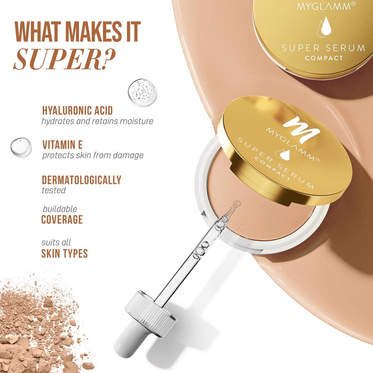MyGlamm Super Serum Compact,301C, Rose, 9g | Infused With Hyaluronic Acid & Vitamin E | Matte Finish Compact Powder | All Skin Type