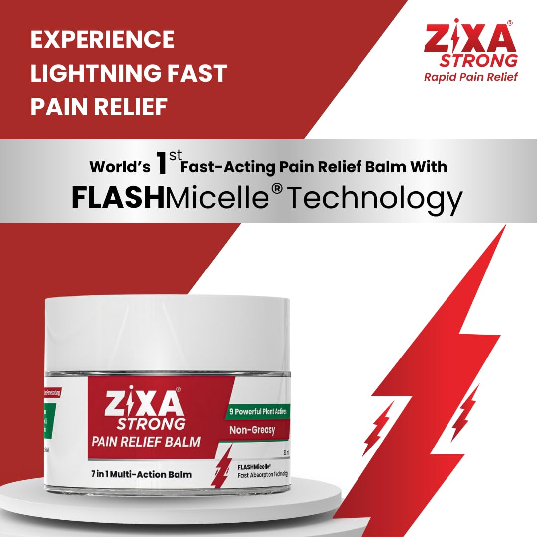 ZIXA Strong Pain Relief Balm - Non-Greasy Cream, 7-in-1 Multi-Action Formula with Aromatherapy | Fast-Absorbing | Natural with Micelle Technology for Headache, Joint, Muscle, and Back Pain | 30ml (Pack of 1)