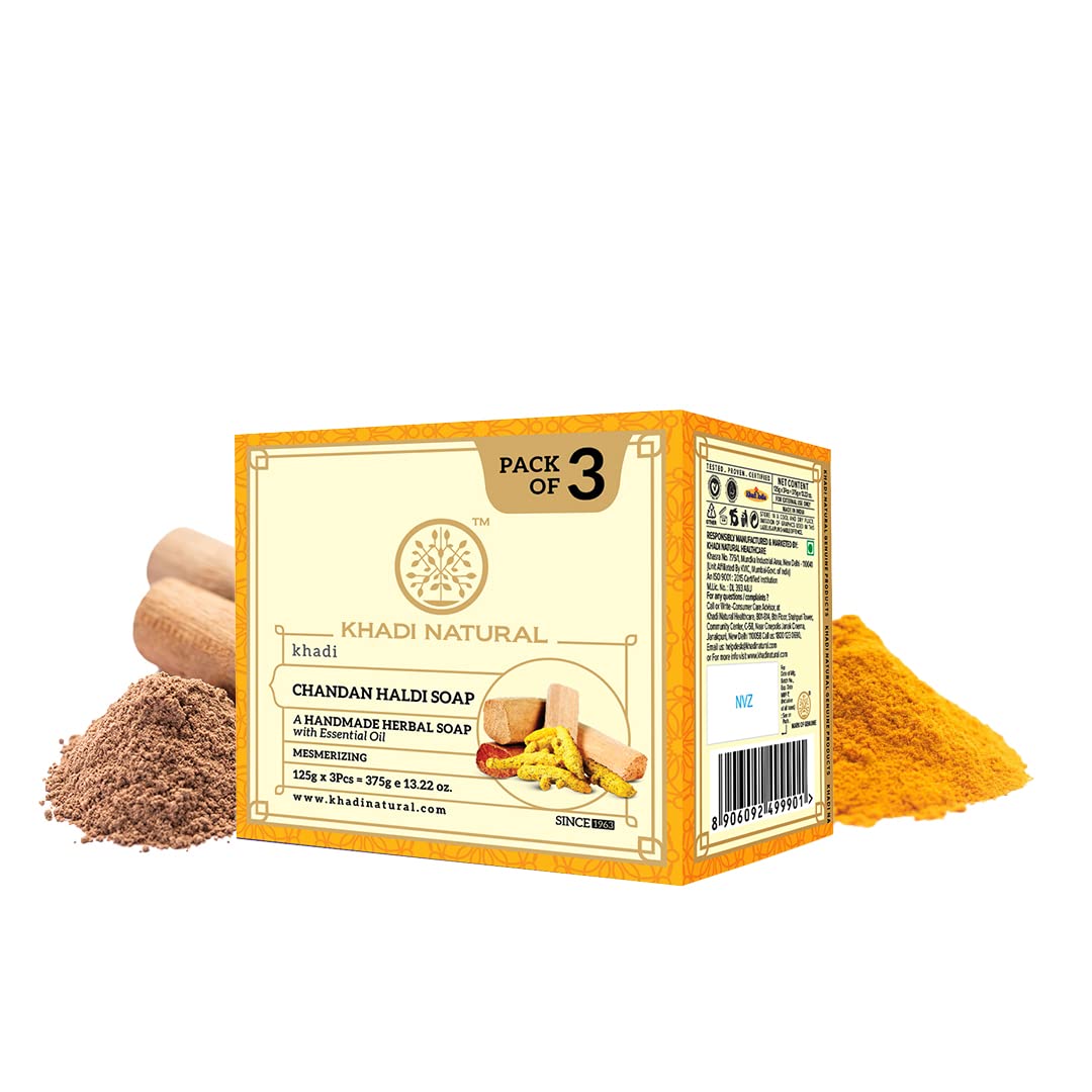 Khadi Natural Chandan Haldi Soap | Herbal Bathing Soap for Glowing Skin | Natural Soap with Essential Oils | Anti-Ageing Soap | Suitable for All Skin Types|Pack of 3 | (125gm *3) (375gm)