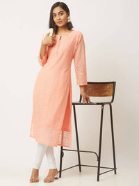 ZOLA Exclusive Georgette Round Neck with Full Sleeves and Calf Length Luckhnowi Chikan Kari Kurta with Button Placket on Yolk Ethnic Wear Straight Kurta for Women Pack of 1