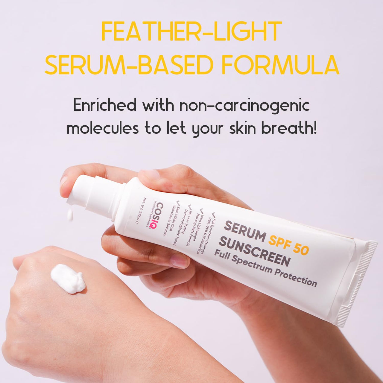 Cos-IQ Sunscreen Serum SPF 50 PA++++ Broad Spectrum, UVA, UVB & IR Protection, No White Cast, Ultra-Light Weight, Skin Safe, Dewy Finish For Unisex, 100ml