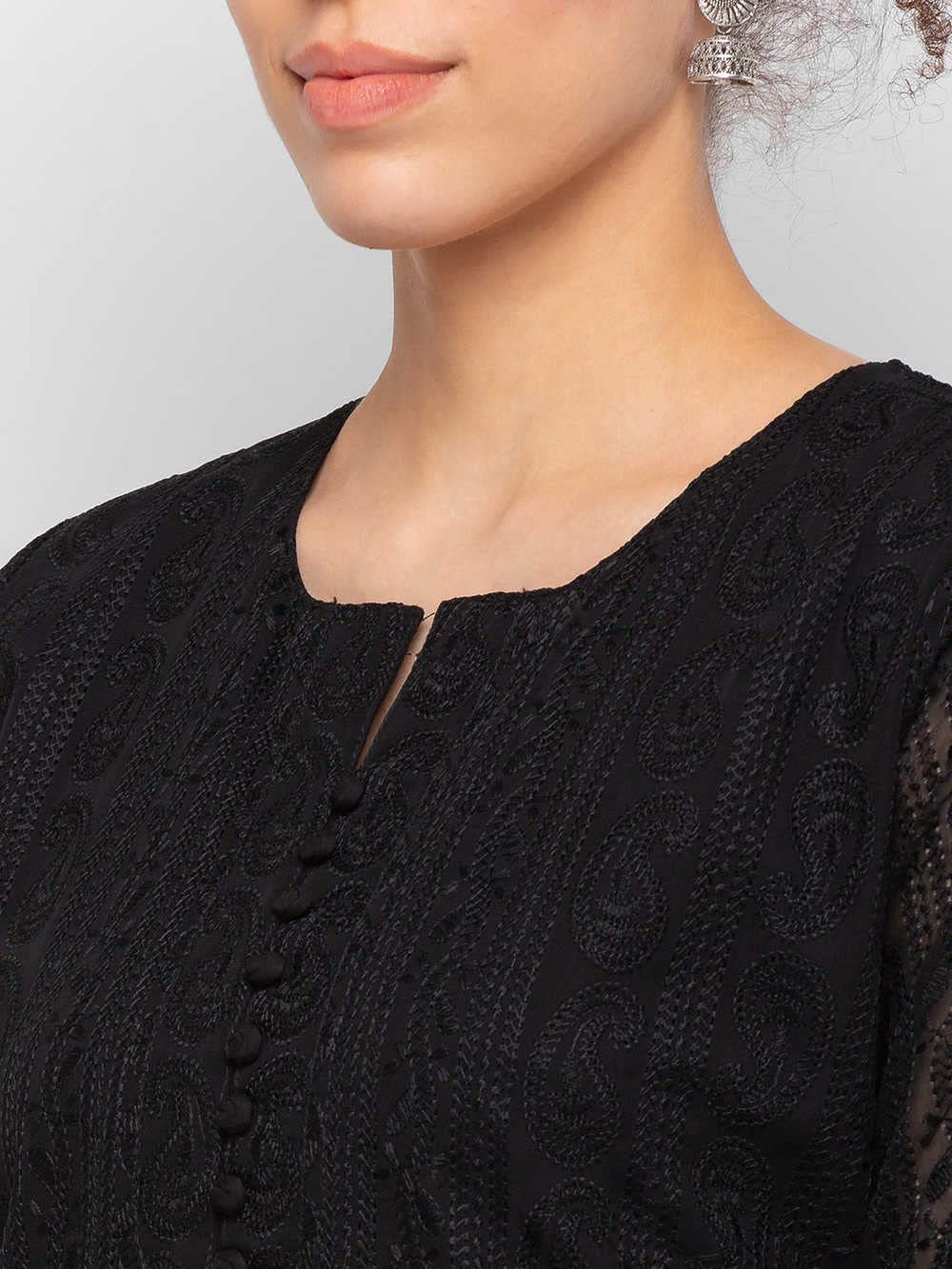 ZOLA Exclusive Georgette Round Neck with Full Sleeves and Calf Length Luckhnowi Chikan Kari Kurta with Button Placket on Yolk Ethnic Wear Straight Kurta for Women Pack of 1