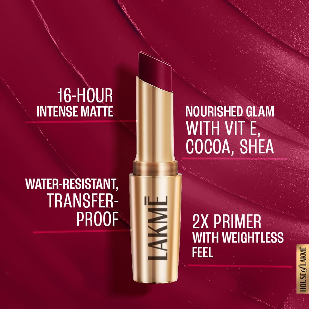 Lakmé 9 To 5 Primer + Matte Lipstick, Matte Finish, Lightweight Lipstick, Lasts For 16Hrs, Nourishes Lips & Great For Daily Use, Deep Wine, 3.6G (Pack of 2)