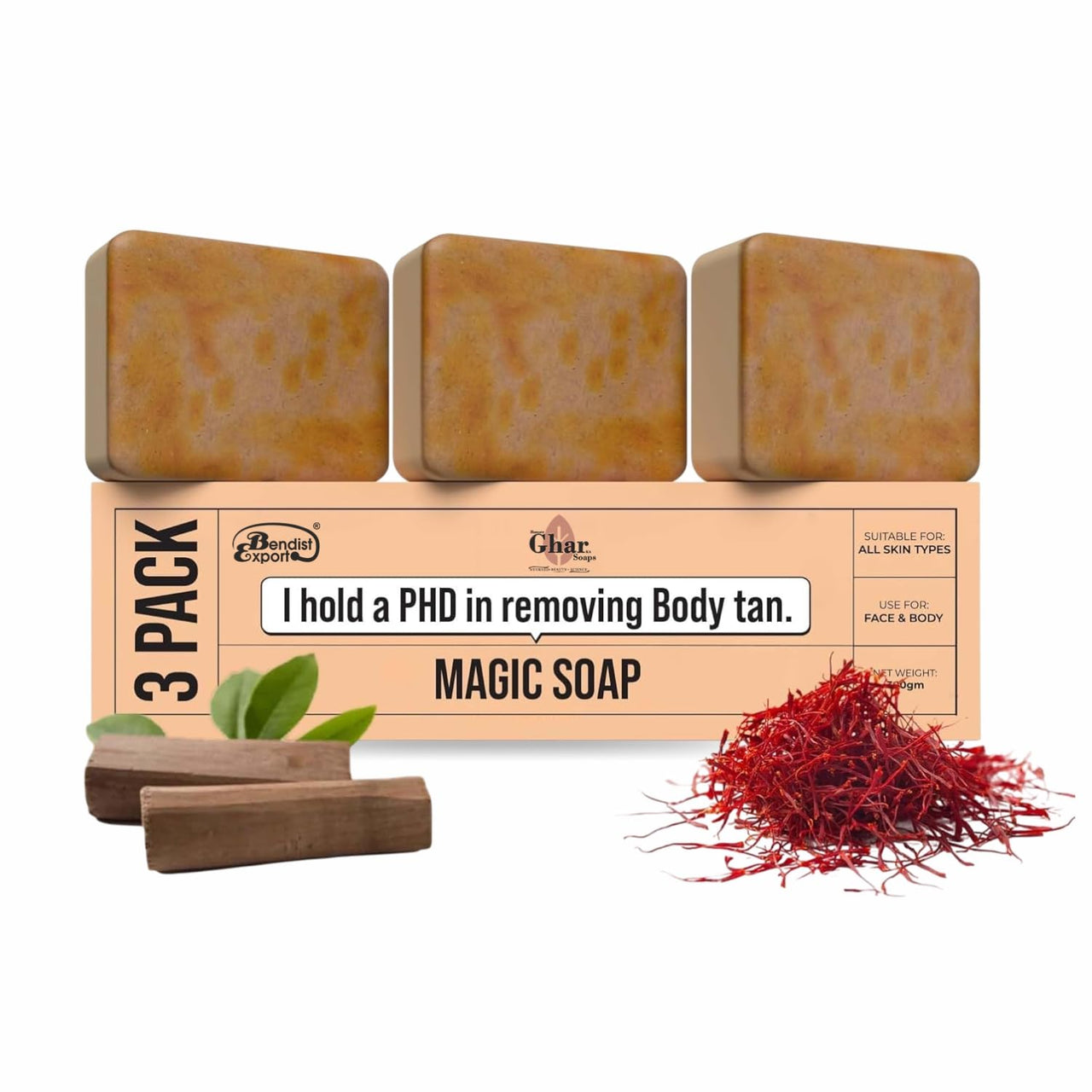 Hamare Ghar Magic Soap Tan Removal Pack Of 3 | Sandalwood & Saffron Magic Soaps For Bath (100 Gms Pack Of 3) | Paraben Free | Chandan & Kesar Bath Soap | Handmade Soaps For Glowing | Skin Brightening For Men & Women