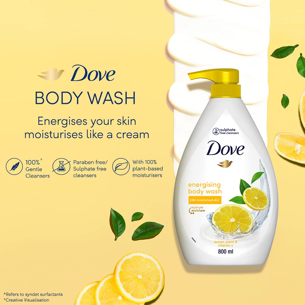 Dove Energising Body wash with energising lemon scent and nourishing Vitamin C, 100% gentle and paraben free/sulphate free cleansers, 100% plant- based moisturisers, 800ml