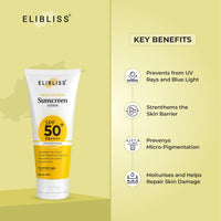 Elibliss Sunscreen Lotion SPF 50+ PA++++ | Broad Spectrum UV Protection | Lightweight, Non-Greasy, Water Resistant | Enriched with Niacinamide, Zinc Oxide for All Skin Types – 50ml Pack of 2